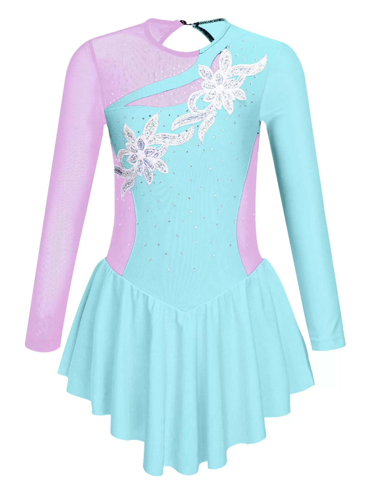 Kids Girls Long Sleeve Round Neckline Rhinestone Flower Skating Dress