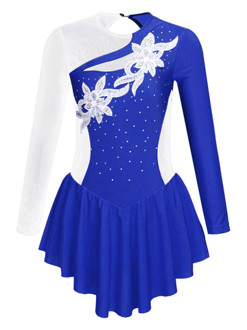 Kids Girls Long Sleeve Round Neckline Rhinestone Flower Skating Dress