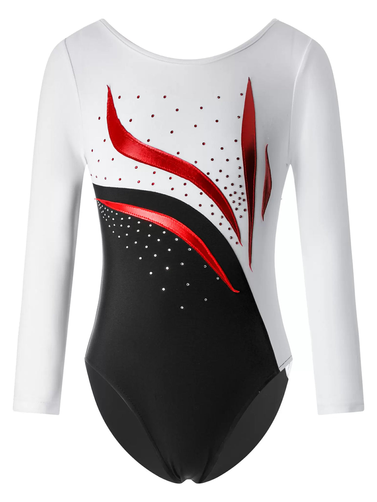 Kids Girls Long Sleeve Round Neckline Rhinestones Gymnastic Leotard