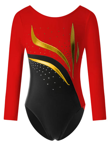 Kids Girls Long Sleeve Round Neckline Rhinestones Gymnastic Leotard