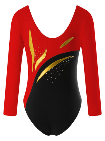 Kids Girls Long Sleeve Round Neckline Rhinestones Gymnastic Leotard