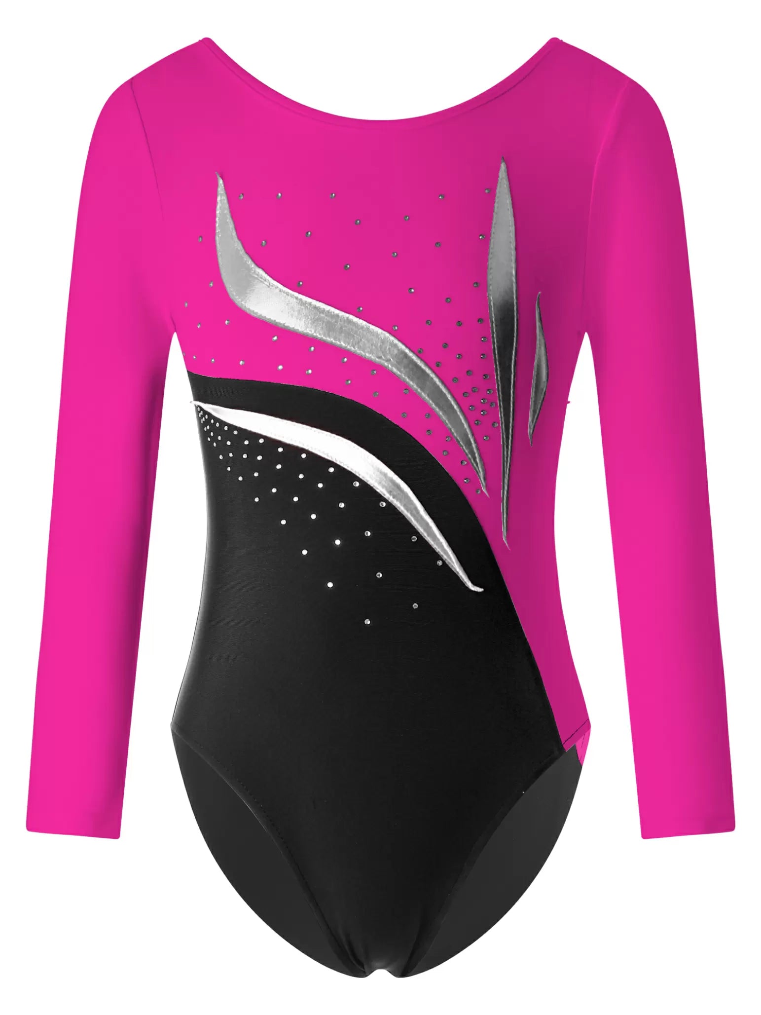 Kids Girls Long Sleeve Round Neckline Rhinestones Gymnastic Leotard