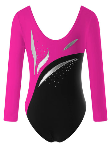 Kids Girls Long Sleeve Round Neckline Rhinestones Gymnastic Leotard