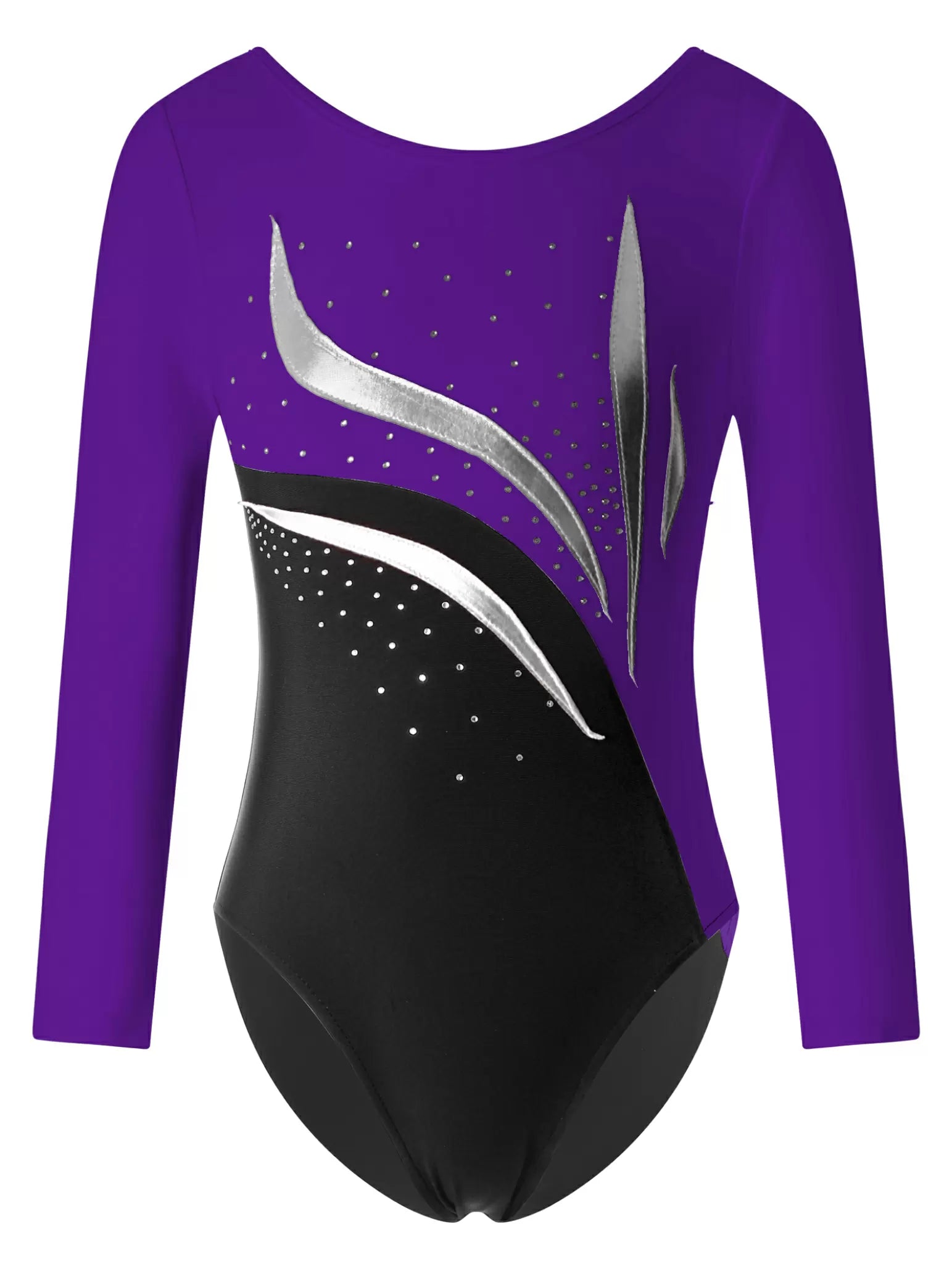 Kids Girls Long Sleeve Round Neckline Rhinestones Gymnastic Leotard