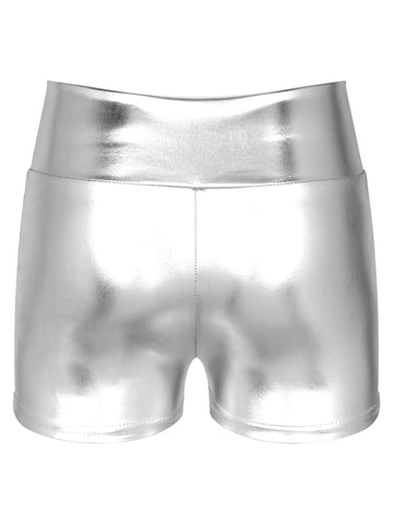 Women Metallic Shiny Patent Leather High Waist Jazz Dance Shorts