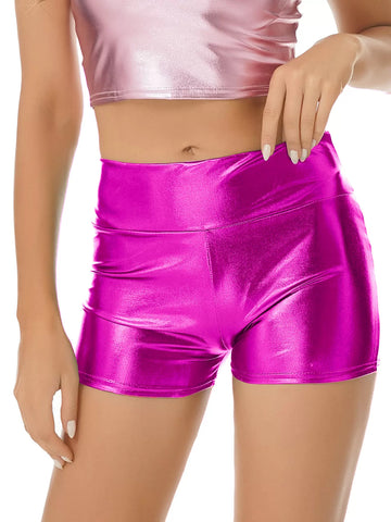 Women Metallic Shiny Patent Leather High Waist Jazz Dance Shorts