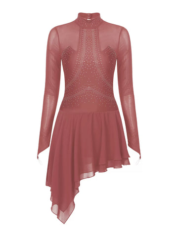 Women Long Sleeve Rhinestone Irregular Hem Figure Skating Dress