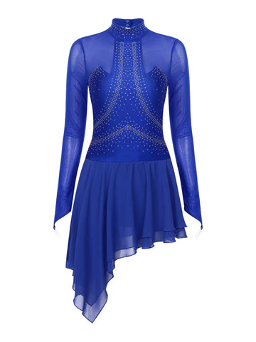 Women Long Sleeve Rhinestone Irregular Hem Figure Skating Dress