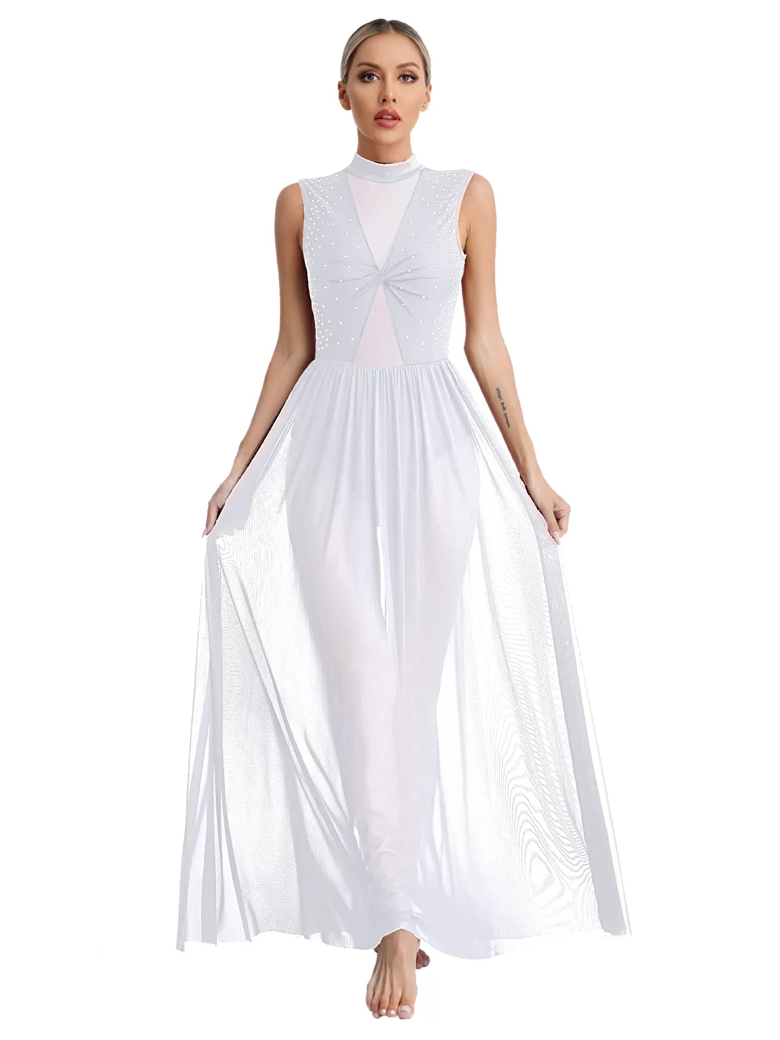 Women Sleeveless Rhinestone Mesh Lyrical Dance Maxi Dress