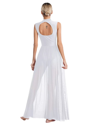 Women Sleeveless Rhinestone Mesh Lyrical Dance Maxi Dress