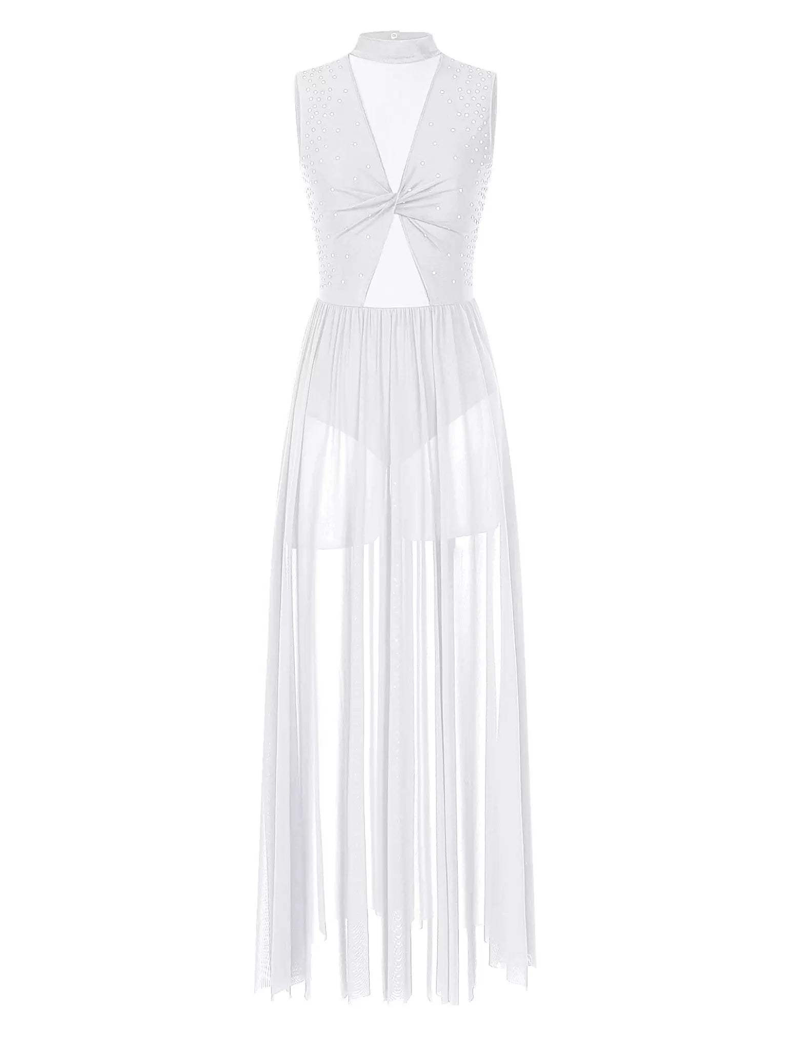 Women Sleeveless Rhinestone Mesh Lyrical Dance Maxi Dress