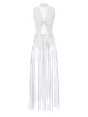 Women Sleeveless Rhinestone Mesh Lyrical Dance Maxi Dress