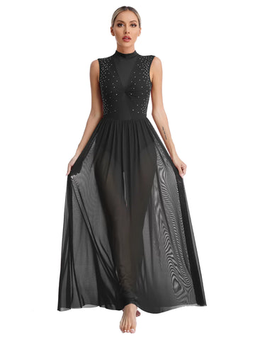 Women Sleeveless Rhinestone Mesh Lyrical Dance Maxi Dress