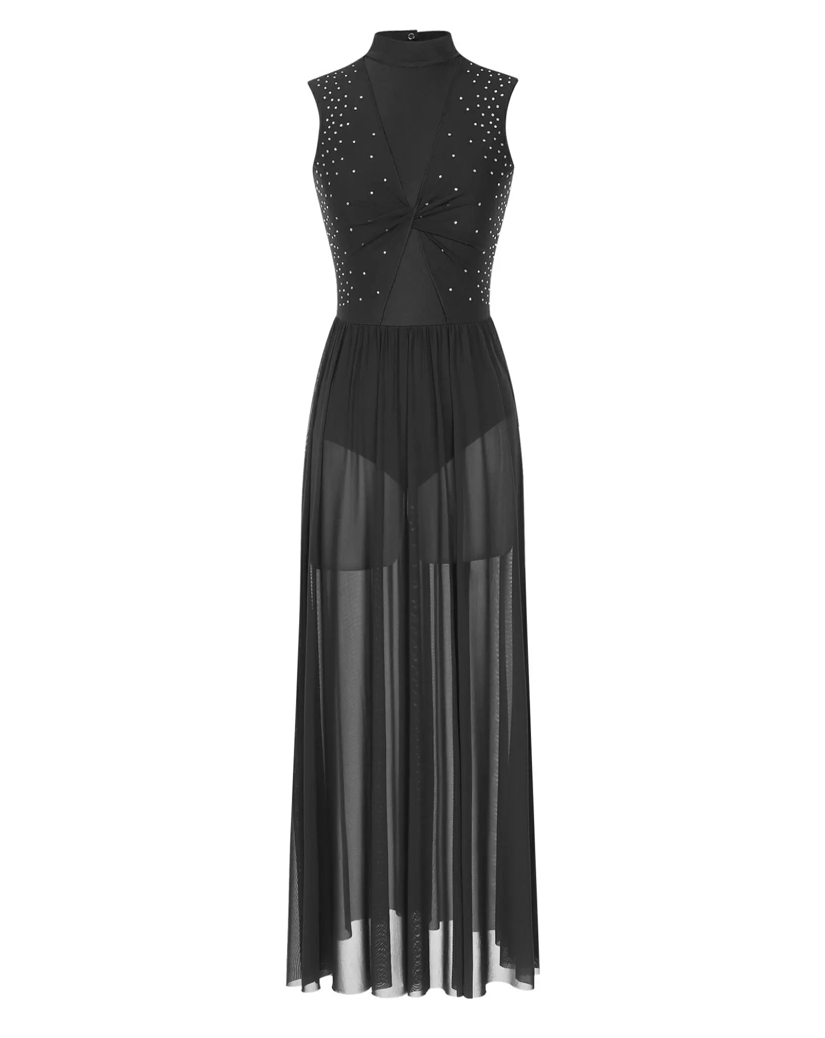 Women Sleeveless Rhinestone Mesh Lyrical Dance Maxi Dress