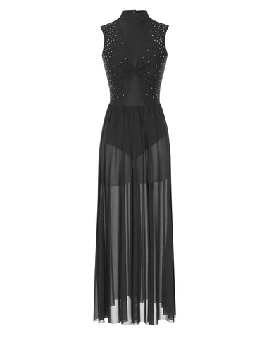 Women Sleeveless Rhinestone Mesh Lyrical Dance Maxi Dress