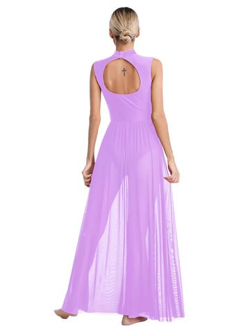 Women Sleeveless Rhinestone Mesh Lyrical Dance Maxi Dress