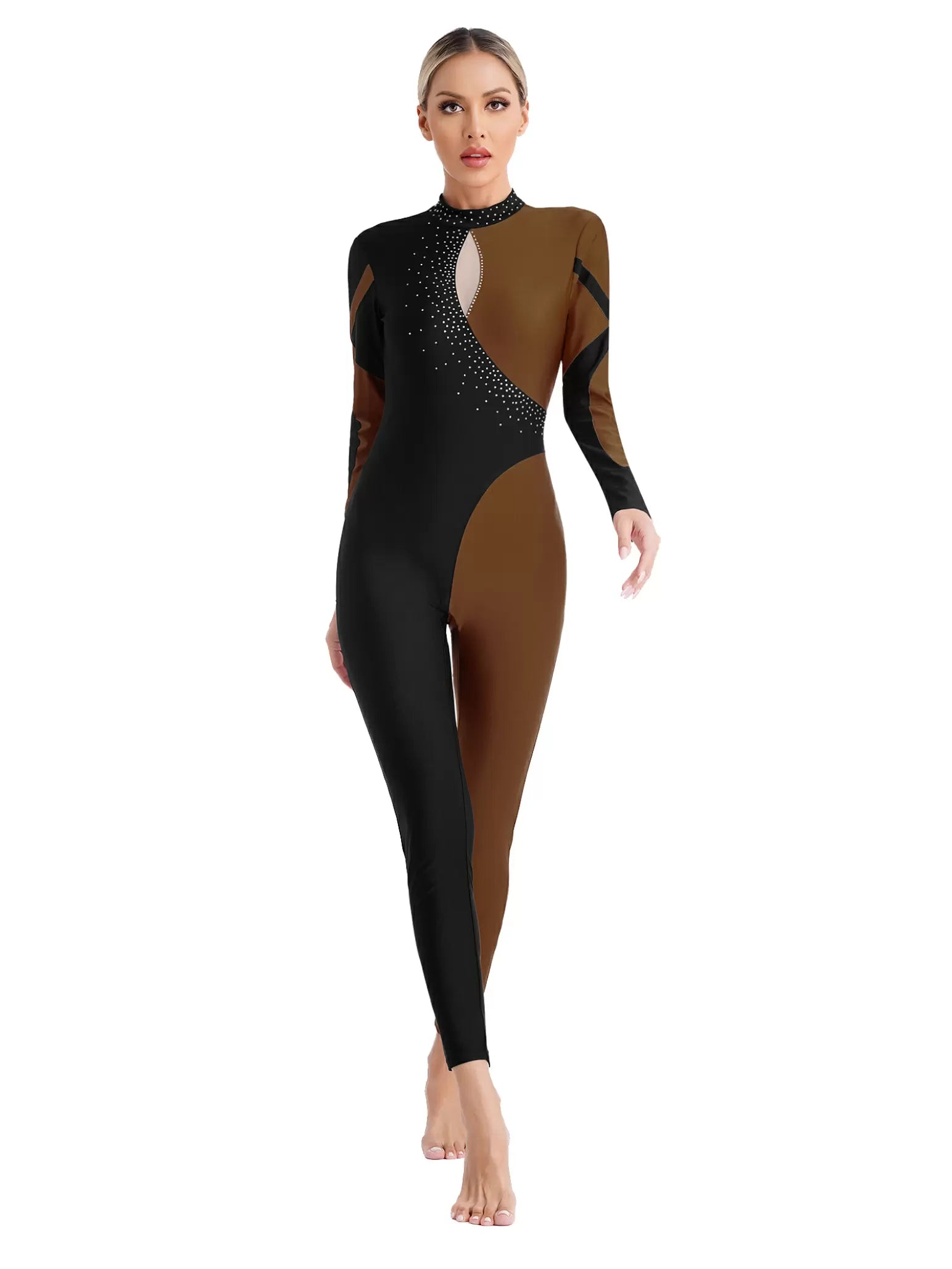 Women Long Sleeve Mock Neck Rhinestones Gymnastic Unitard