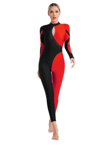 Women Long Sleeve Mock Neck Rhinestones Gymnastic Unitard