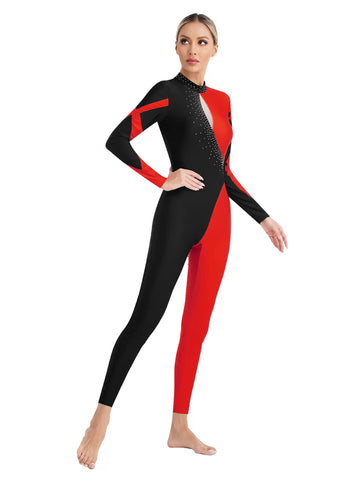 Women Long Sleeve Mock Neck Rhinestones Gymnastic Unitard