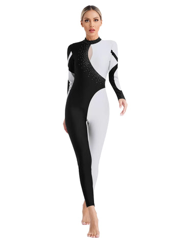 Women Long Sleeve Mock Neck Rhinestones Gymnastic Unitard