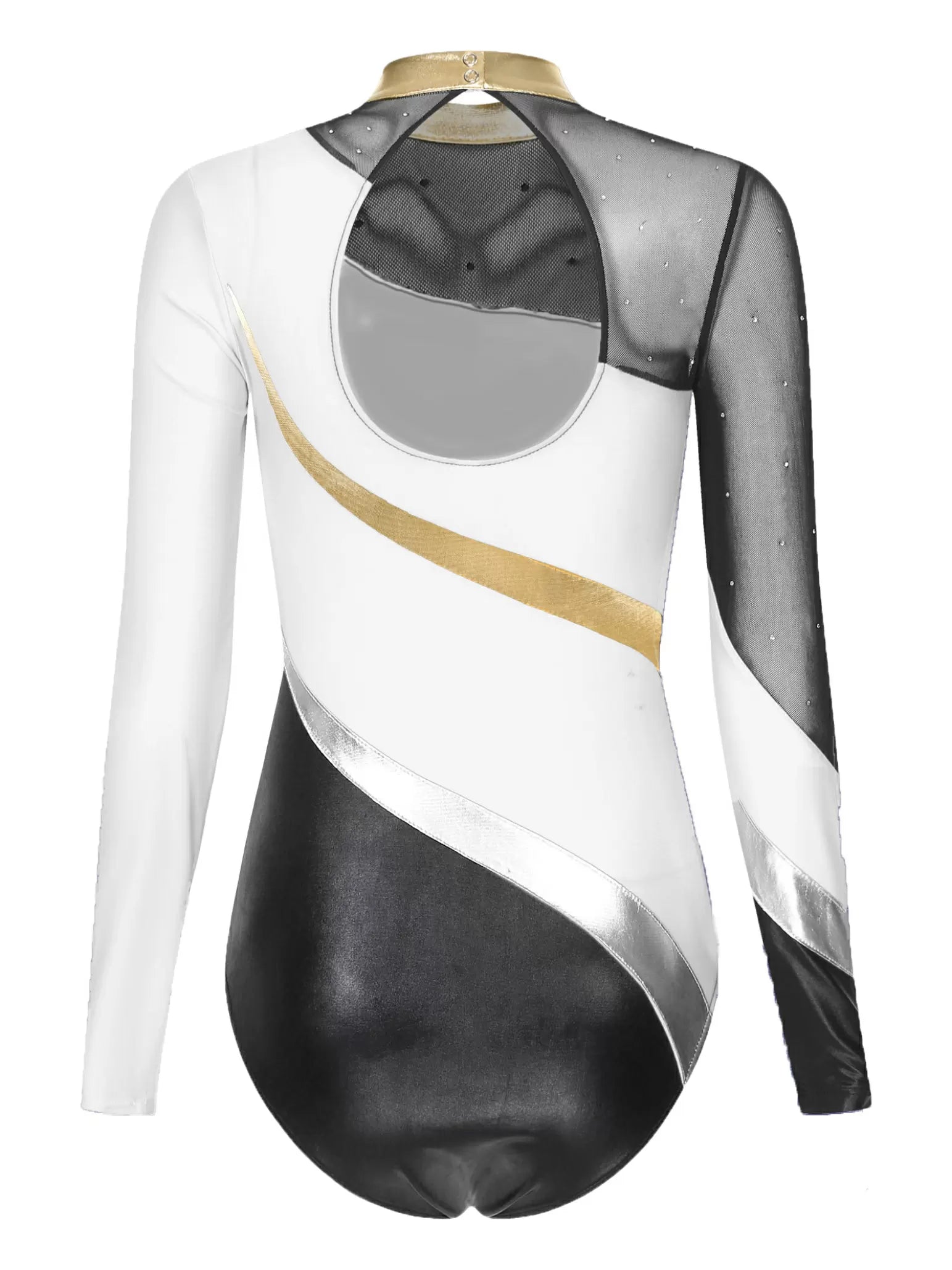 Women Long Sleeve Rhinestones Color Block Gymnastic Leotard