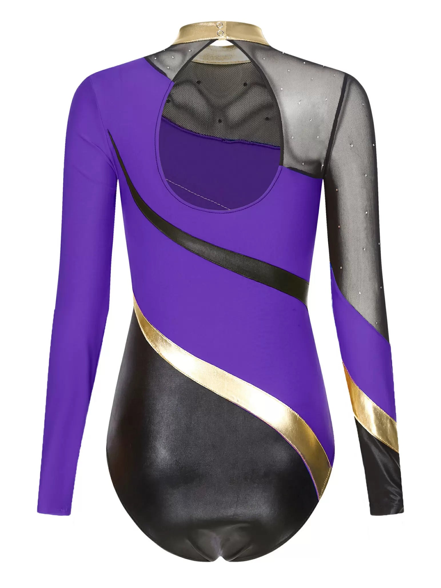 Women Long Sleeve Rhinestones Color Block Gymnastic Leotard