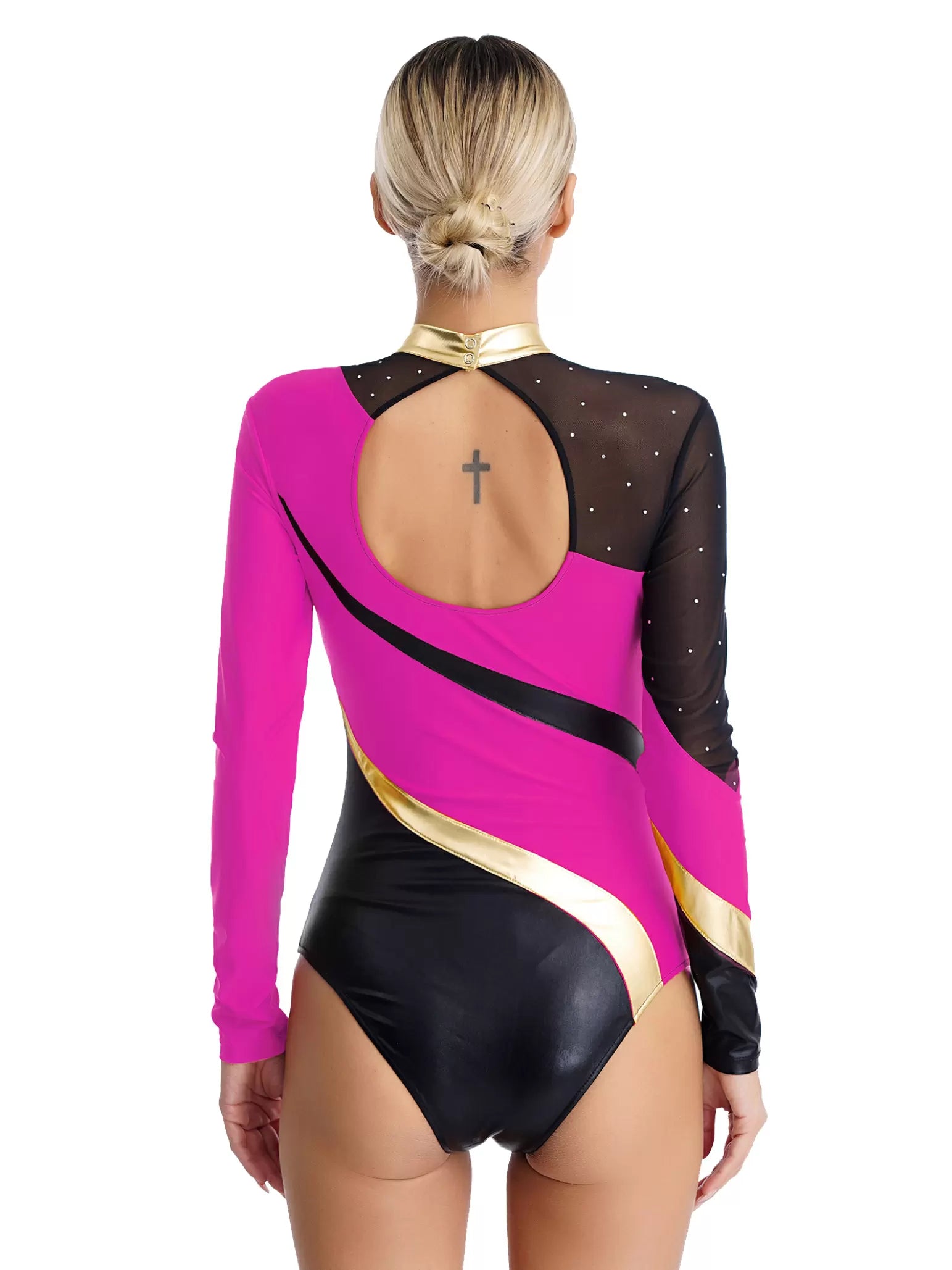 Women Long Sleeve Rhinestones Color Block Gymnastic Leotard