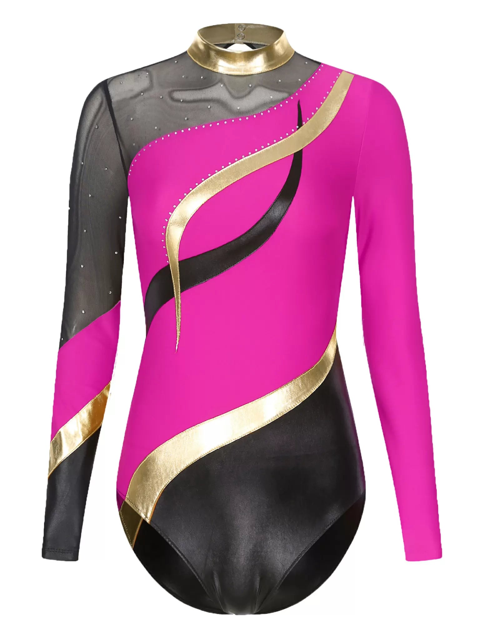 Women Long Sleeve Rhinestones Color Block Gymnastic Leotard