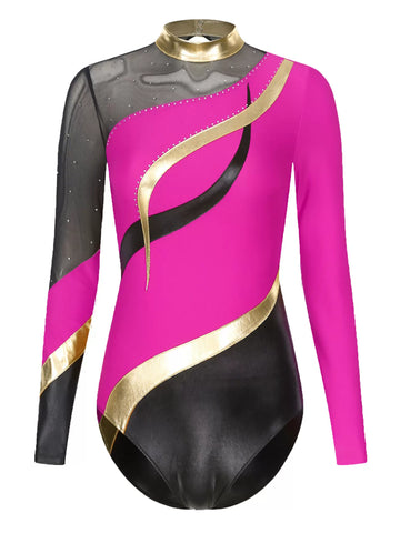 Women Long Sleeve Rhinestones Color Block Gymnastic Leotard