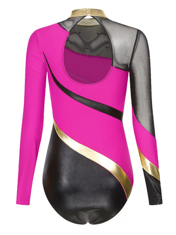 Women Long Sleeve Rhinestones Color Block Gymnastic Leotard