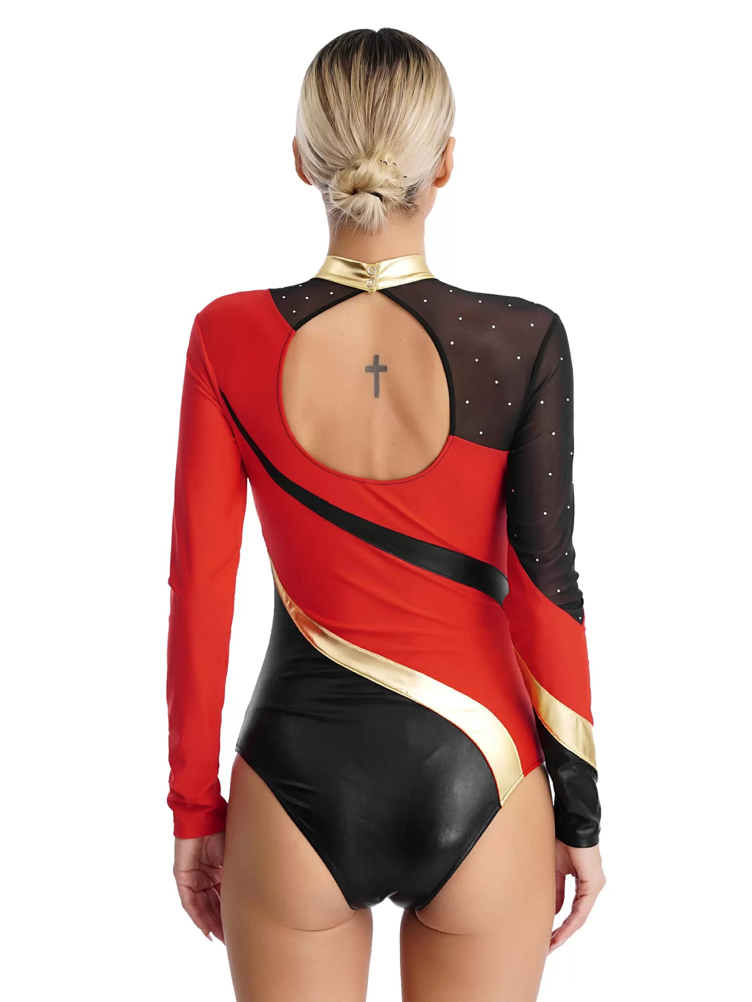 Women Long Sleeve Rhinestones Color Block Gymnastic Leotard