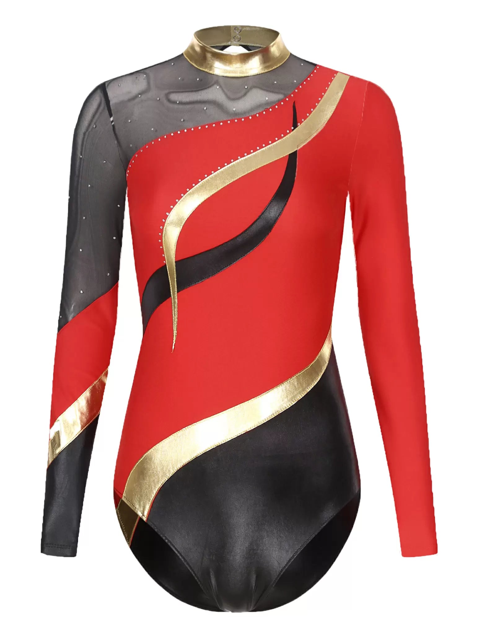 Women Long Sleeve Rhinestones Color Block Gymnastic Leotard