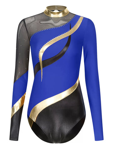 Women Long Sleeve Rhinestones Color Block Gymnastic Leotard