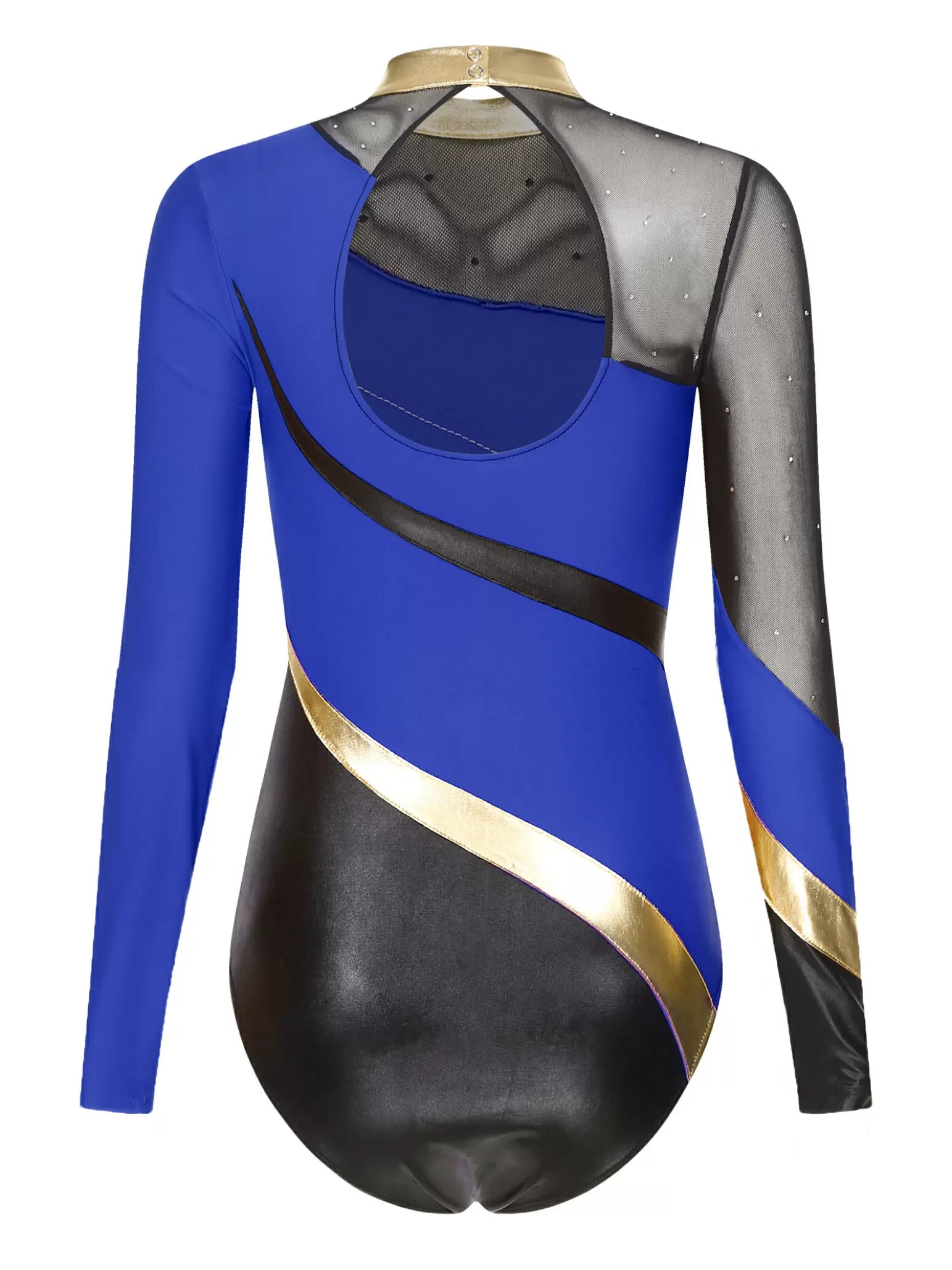 Women Long Sleeve Rhinestones Color Block Gymnastic Leotard