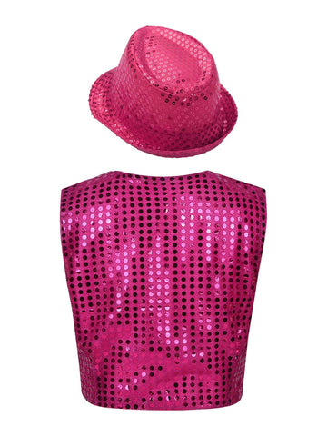 Kids Boys Glittery Sequined Waistcoat with Hat for Jazz Dance