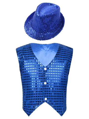 Kids Boys Glittery Sequined Waistcoat with Hat for Jazz Dance