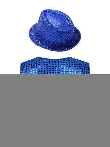 Kids Boys Glittery Sequined Waistcoat with Hat for Jazz Dance