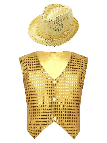 Kids Boys Glittery Sequined Waistcoat with Hat for Jazz Dance