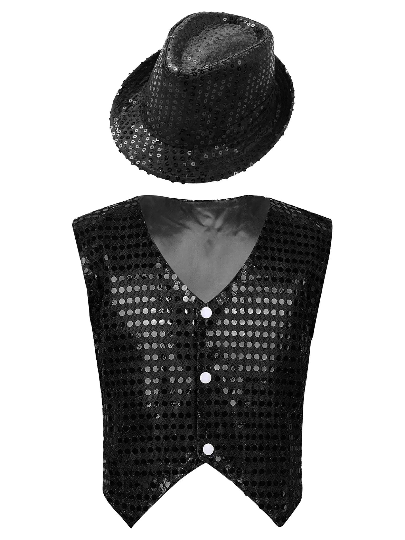 Kids Boys Glittery Sequined Waistcoat with Hat for Jazz Dance