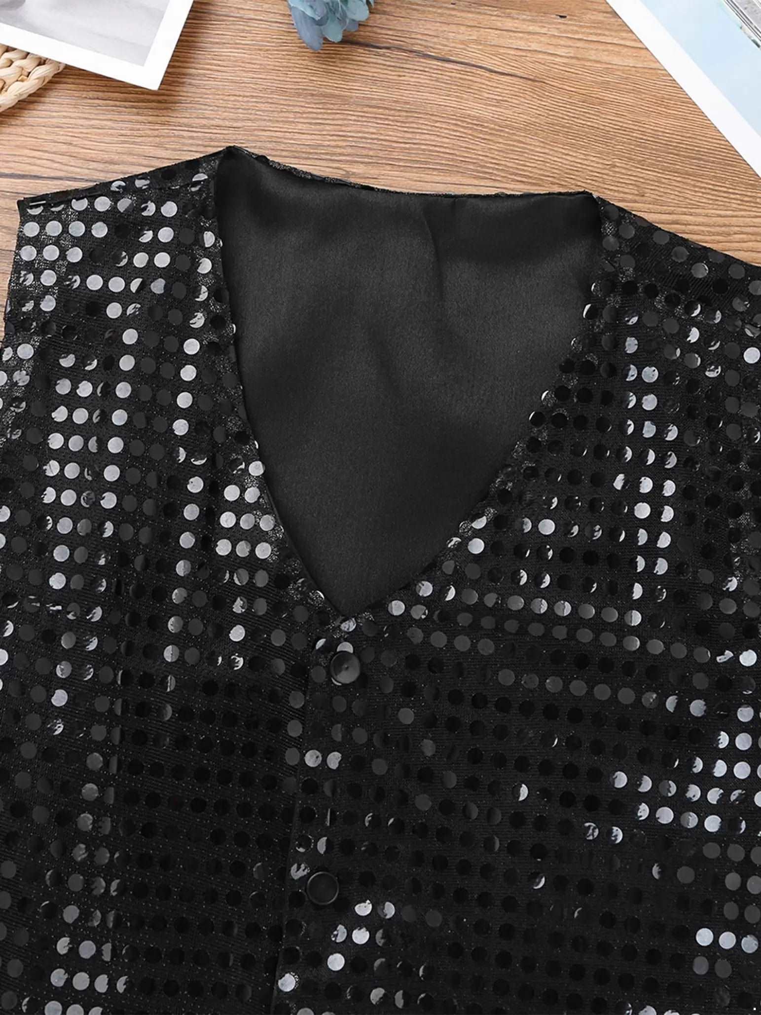 Kids Boys Glittery Sequined Waistcoat with Hat for Jazz Dance