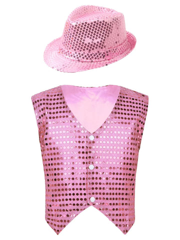 Kids Boys Glittery Sequined Waistcoat with Hat for Jazz Dance