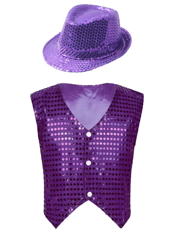 Kids Boys Glittery Sequined Waistcoat with Hat for Jazz Dance