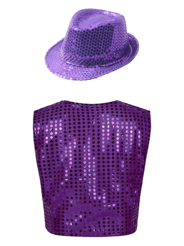 Kids Boys Glittery Sequined Waistcoat with Hat for Jazz Dance