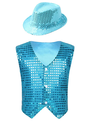 Kids Boys Glittery Sequined Waistcoat with Hat for Jazz Dance