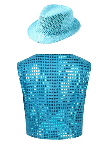 Kids Boys Glittery Sequined Waistcoat with Hat for Jazz Dance