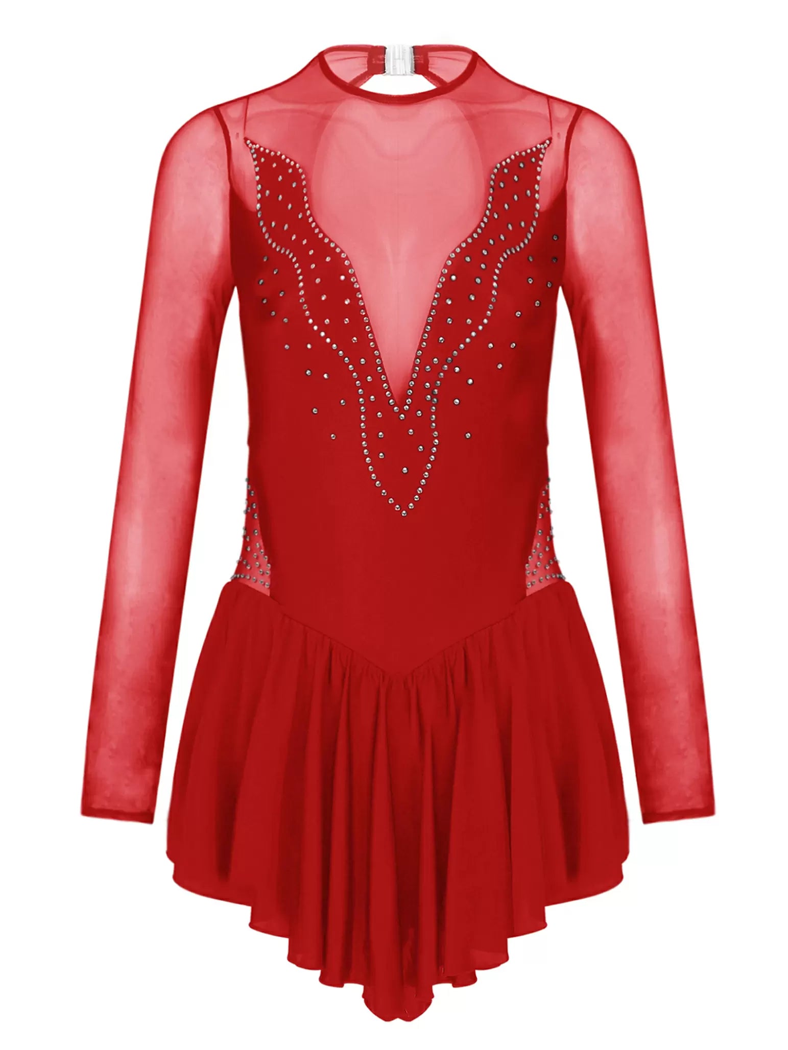 Women Rhinestone Mesh Long Sleeve Ruffle Figure Skating Leotard Dress