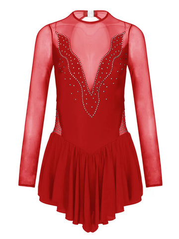 Women Rhinestone Mesh Long Sleeve Ruffle Figure Skating Leotard Dress