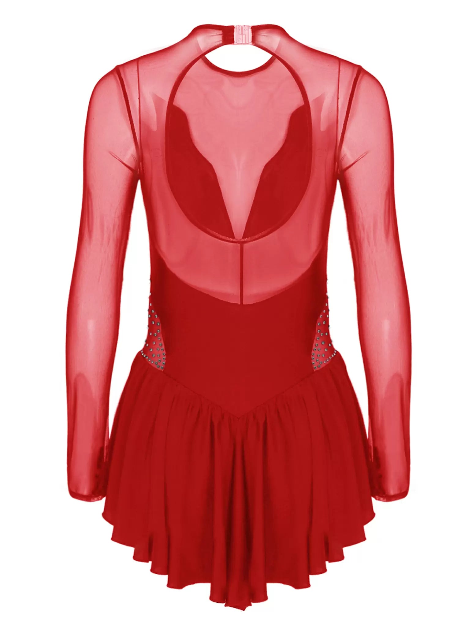 Women Rhinestone Mesh Long Sleeve Ruffle Figure Skating Leotard Dress