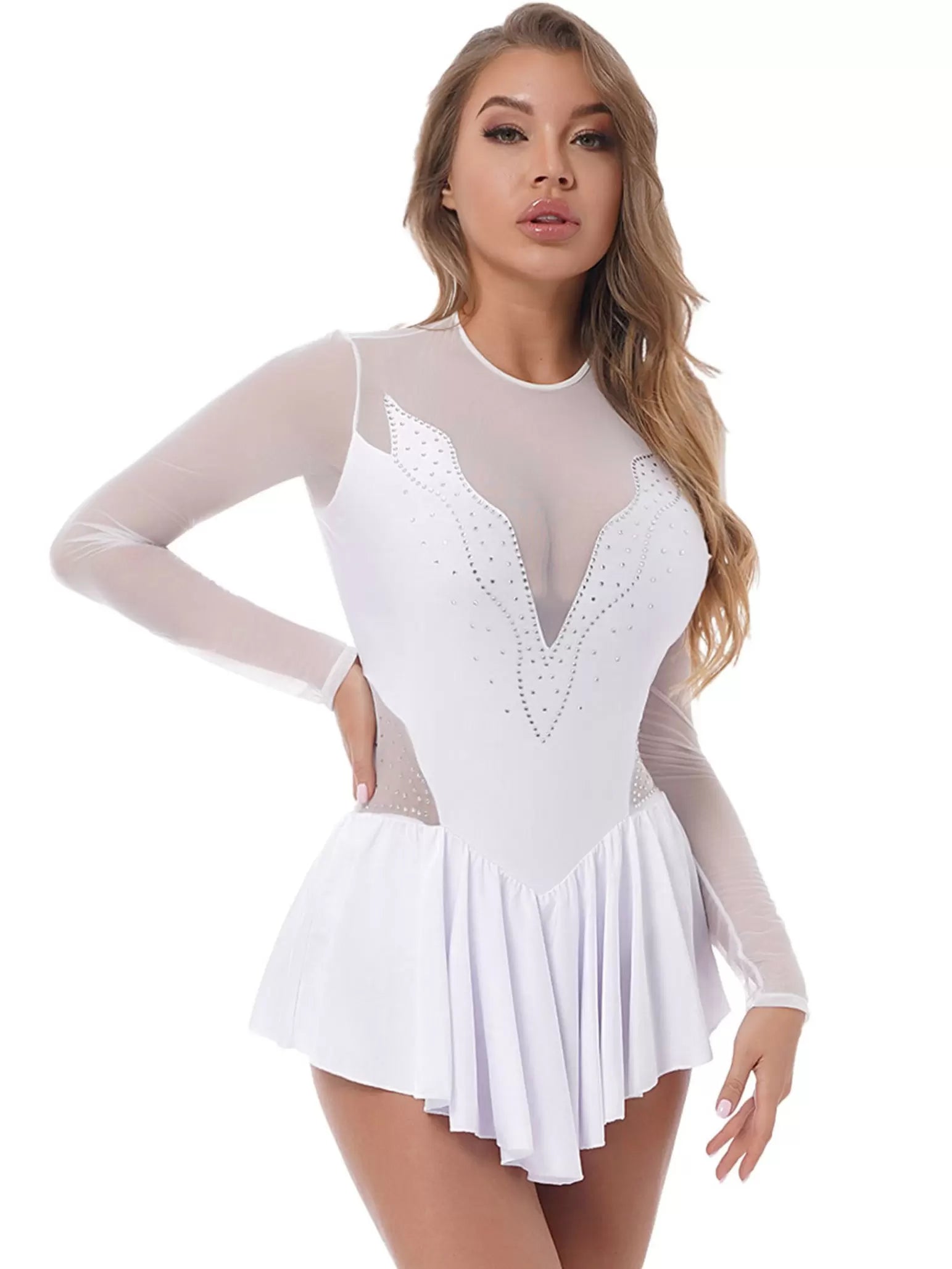 Women Rhinestone Mesh Long Sleeve Ruffle Figure Skating Leotard Dress