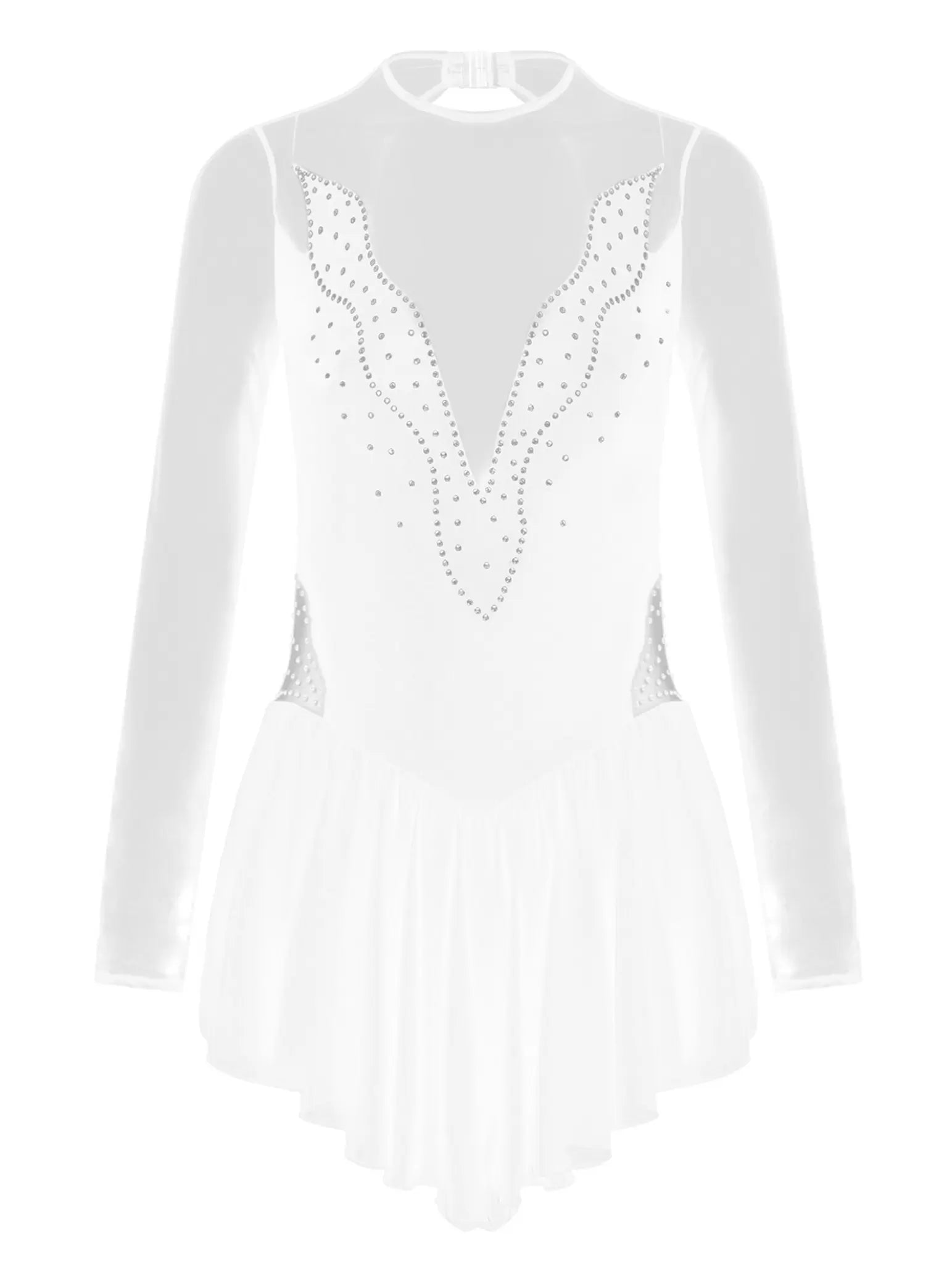 Women Rhinestone Mesh Long Sleeve Ruffle Figure Skating Leotard Dress